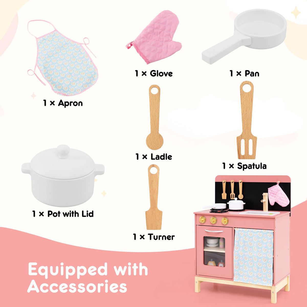 Play Kitchen for Kids Wooden Kitchen Playset with Door Curtain-Pink view 8