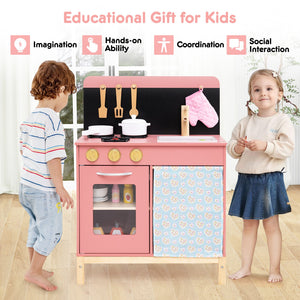 Play Kitchen for Kids Wooden Kitchen Playset with Door Curtain-Pink view 9