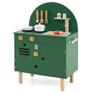 Play Kitchen for Kids Wooden Kitchen Playset with Stoves Faucet Sink Microwave and Oven-Green