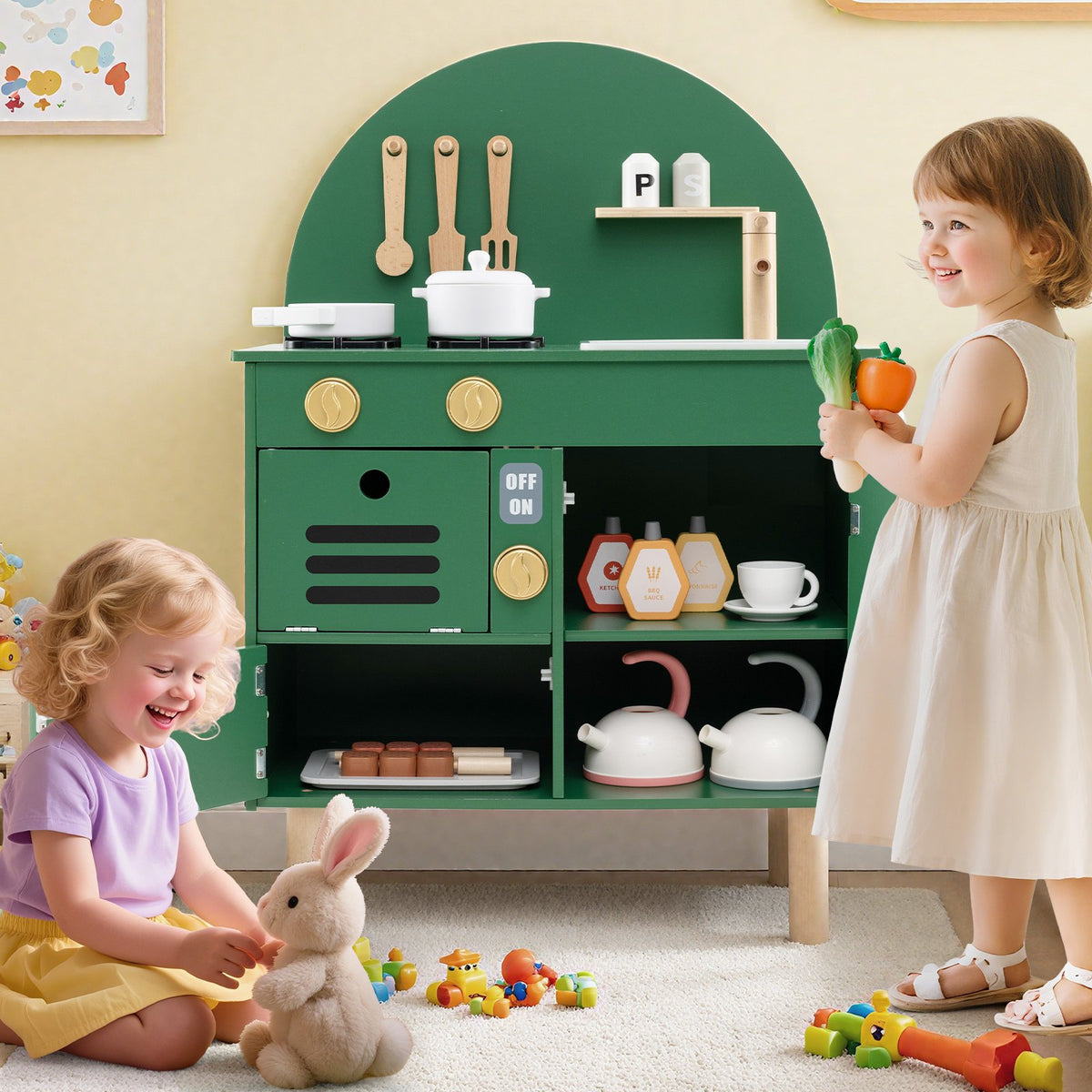 Play Kitchen for Kids Wooden Kitchen Playset with Stoves Faucet Sink Microwave and Oven-Green view 3