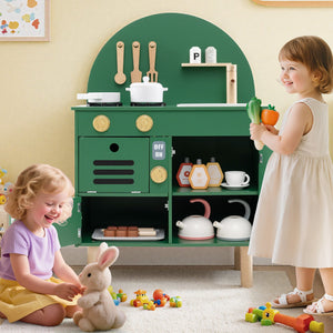 Play Kitchen for Kids Wooden Kitchen Playset with Stoves Faucet Sink Microwave and Oven-Green view 3