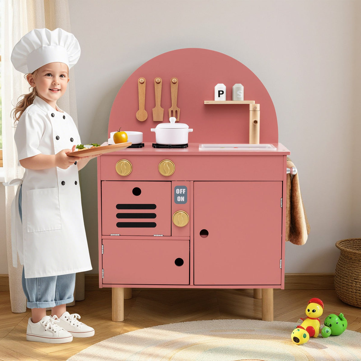 Play Kitchen for Kids Wooden Kitchen Playset with Stoves Faucet Sink Microwave and Oven-Pink view 2