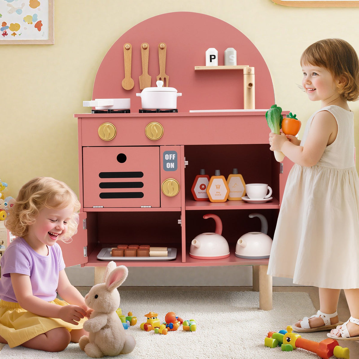 Play Kitchen for Kids Wooden Kitchen Playset with Stoves Faucet Sink Microwave and Oven-Pink view 3