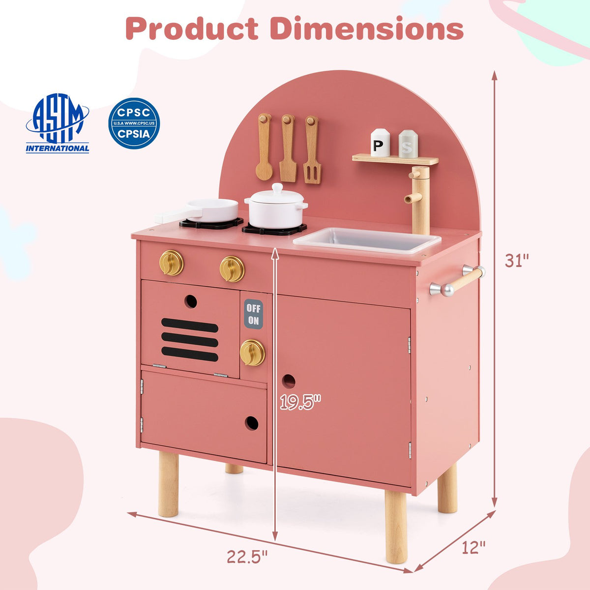 Play Kitchen for Kids Wooden Kitchen Playset with Stoves Faucet Sink Microwave and Oven-Pink view 4