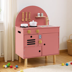 Play Kitchen for Kids Wooden Kitchen Playset with Stoves Faucet Sink Microwave and Oven-Pink view 5