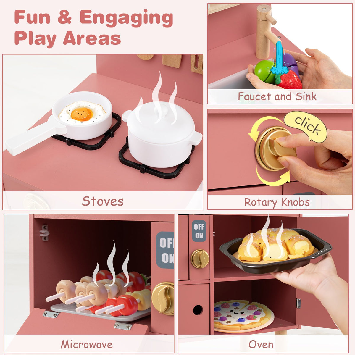 Play Kitchen for Kids Wooden Kitchen Playset with Stoves Faucet Sink Microwave and Oven-Pink view 6