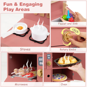 Play Kitchen for Kids Wooden Kitchen Playset with Stoves Faucet Sink Microwave and Oven-Pink view 6