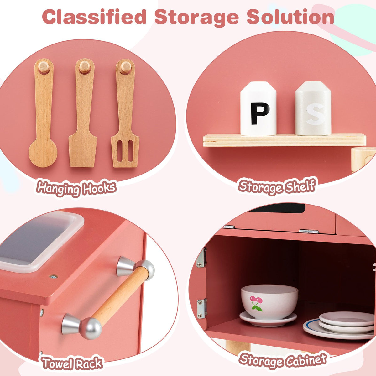 Play Kitchen for Kids Wooden Kitchen Playset with Stoves Faucet Sink Microwave and Oven-Pink view 7