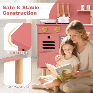 Play Kitchen for Kids Wooden Kitchen Playset with Stoves Faucet Sink Microwave and Oven-Pink view 8
