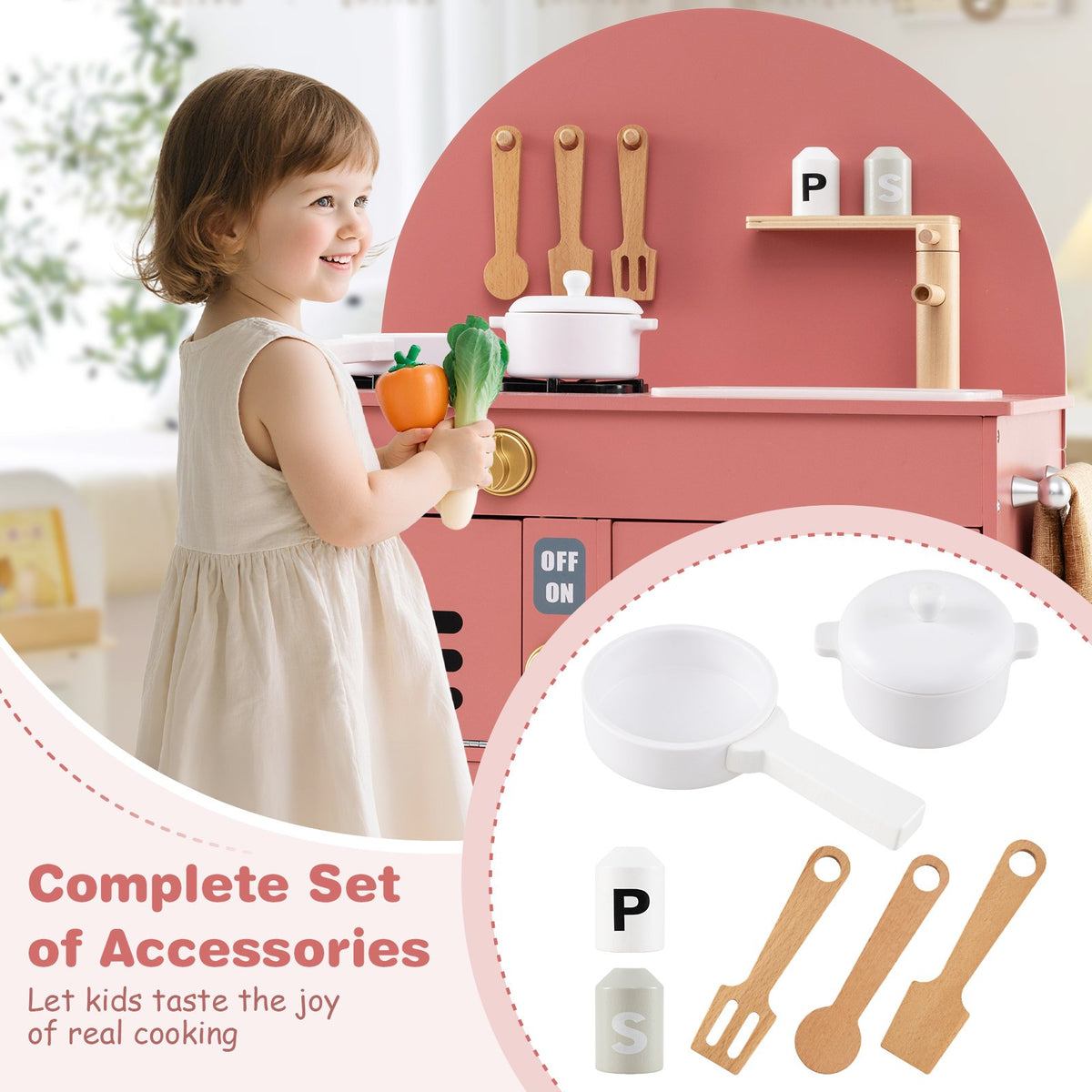 Play Kitchen for Kids Wooden Kitchen Playset with Stoves Faucet Sink Microwave and Oven-Pink view 9