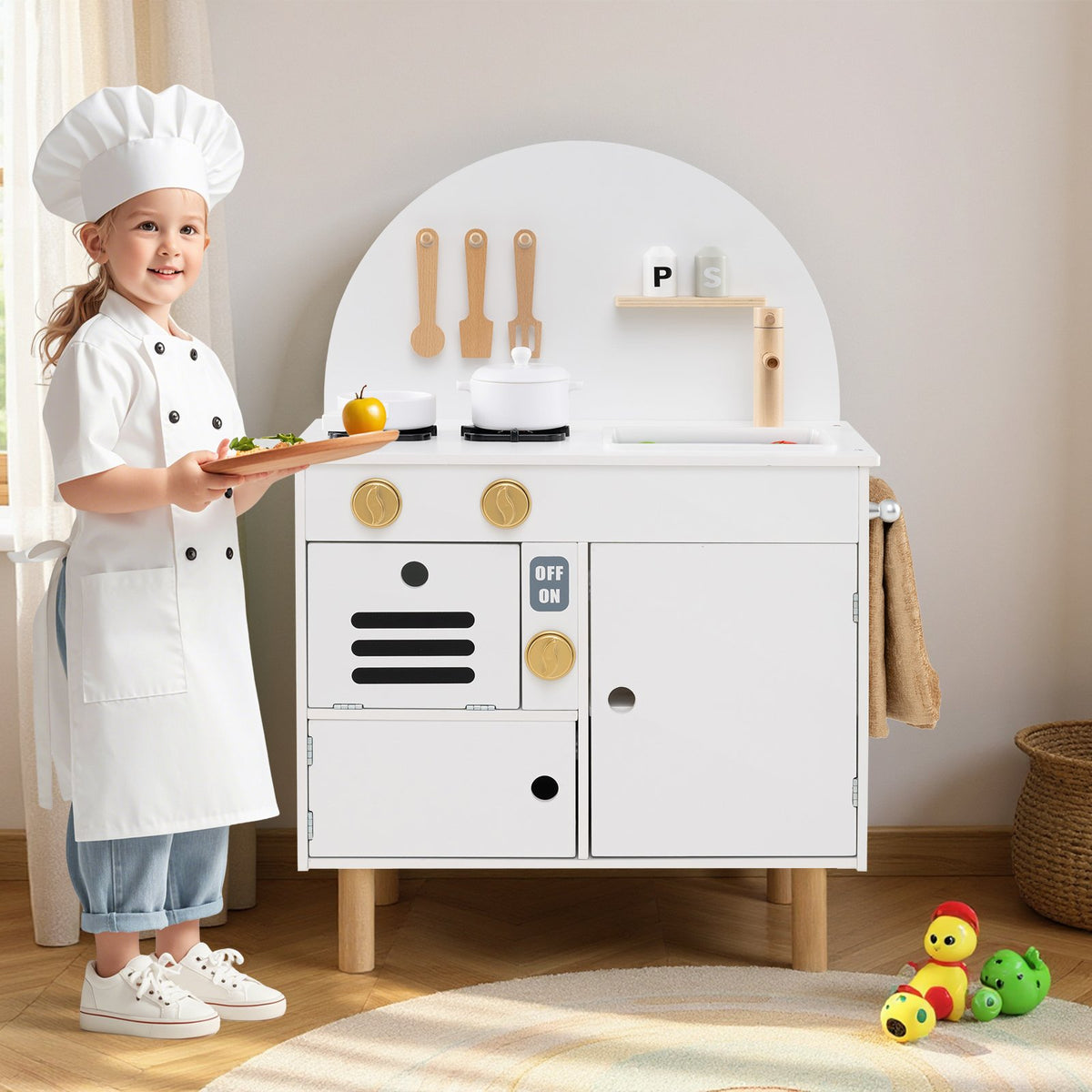 Play Kitchen for Kids Wooden Kitchen Playset with Stoves Faucet Sink Microwave and Oven-White view 2