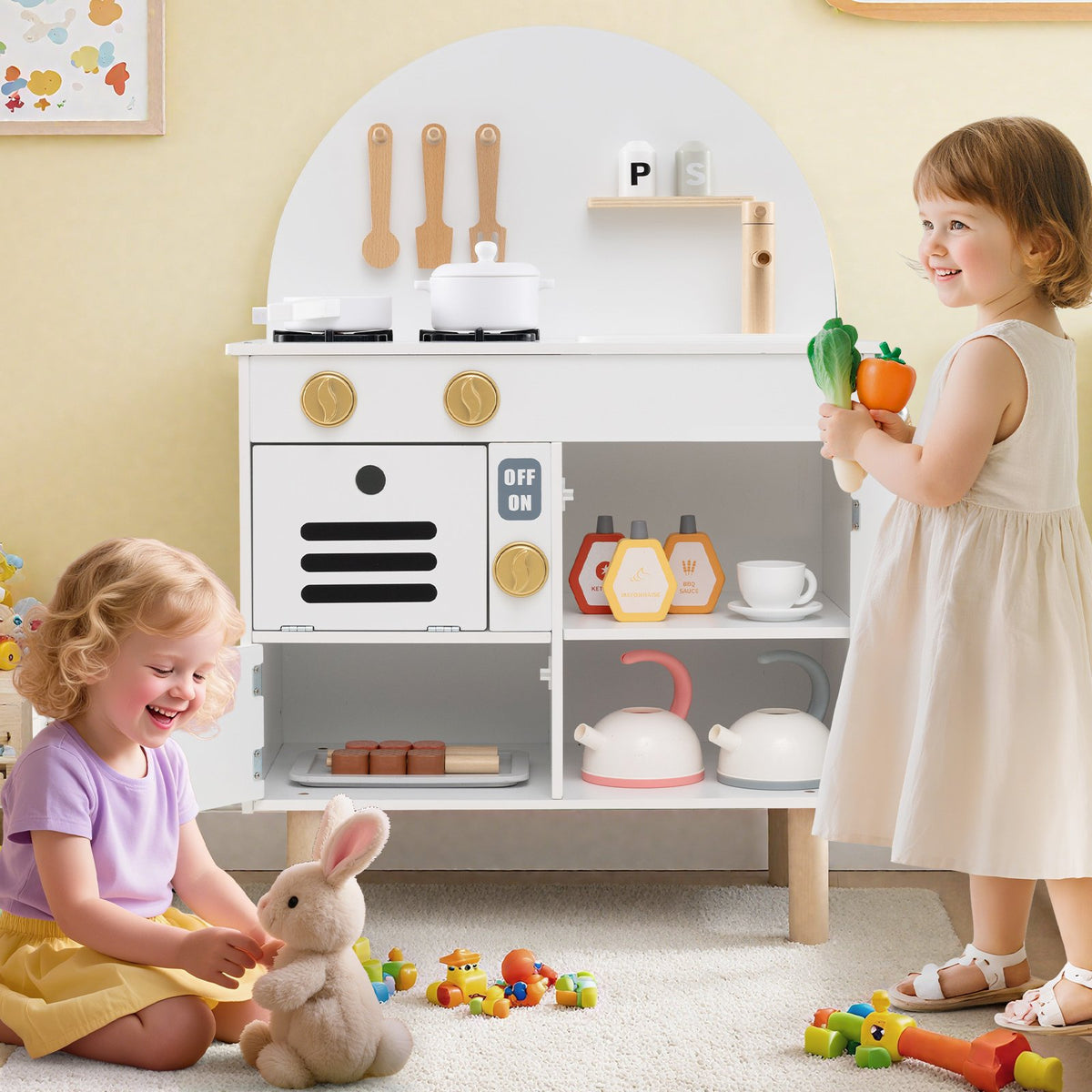 Play Kitchen for Kids Wooden Kitchen Playset with Stoves Faucet Sink Microwave and Oven-White view 3