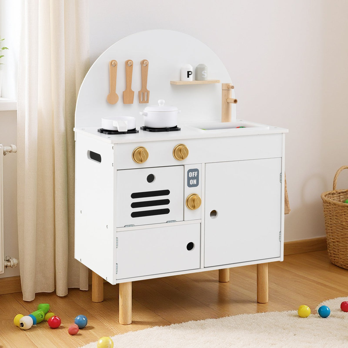 Play Kitchen for Kids Wooden Kitchen Playset with Stoves Faucet Sink Microwave and Oven-White view 5