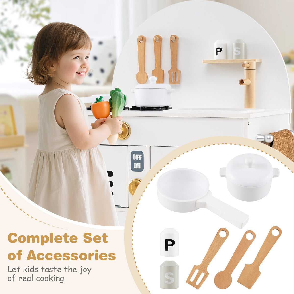 Play Kitchen for Kids Wooden Kitchen Playset with Stoves Faucet Sink Microwave and Oven-White view 9