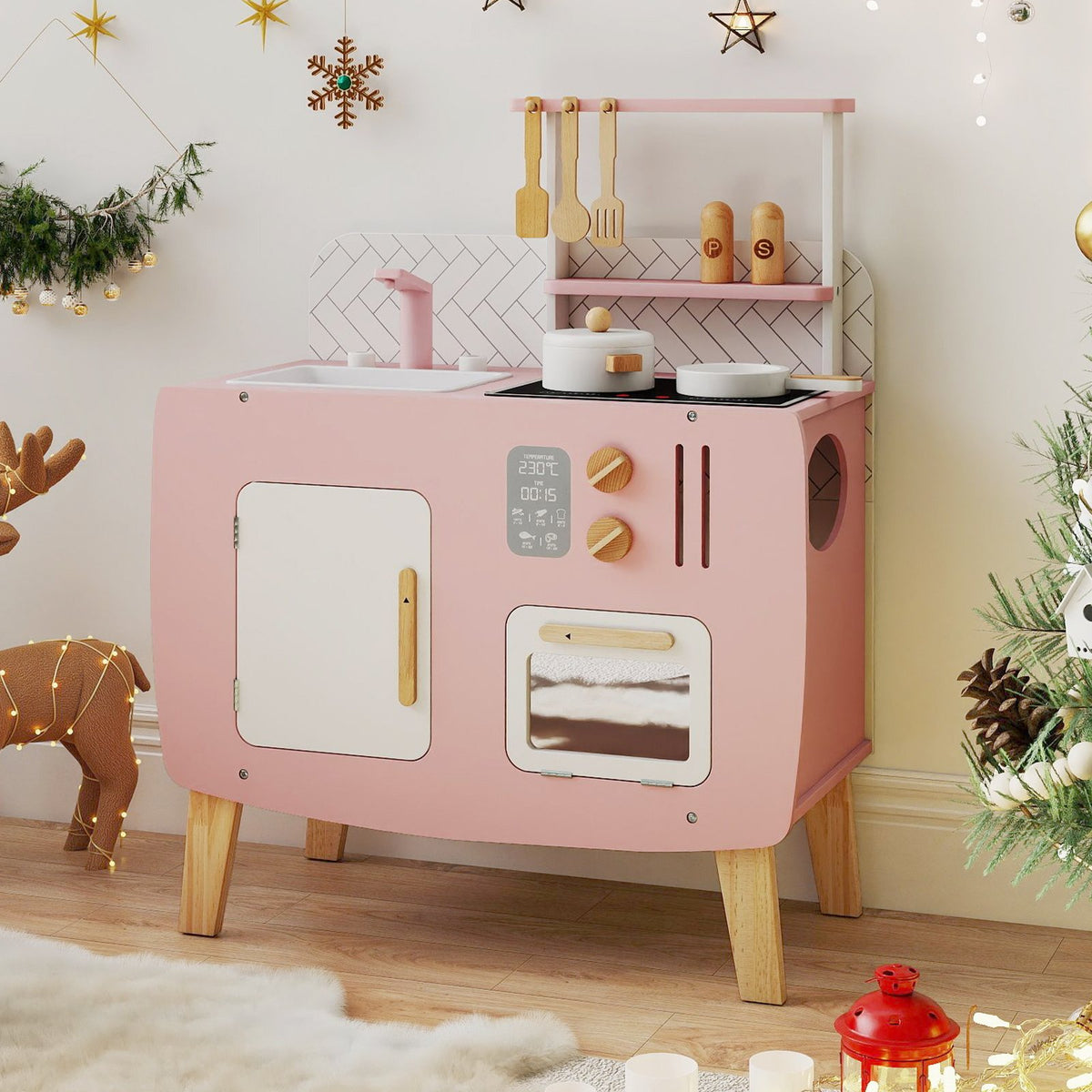 Play Kitchen for Kids Wooden Kitchen Playset with Stoves Sink Faucet and Oven view 2