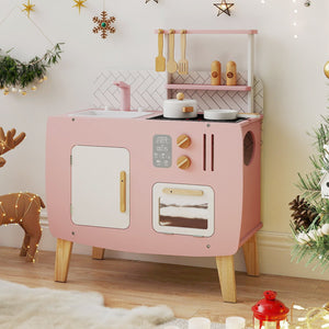Play Kitchen for Kids Wooden Kitchen Playset with Stoves Sink Faucet and Oven view 2