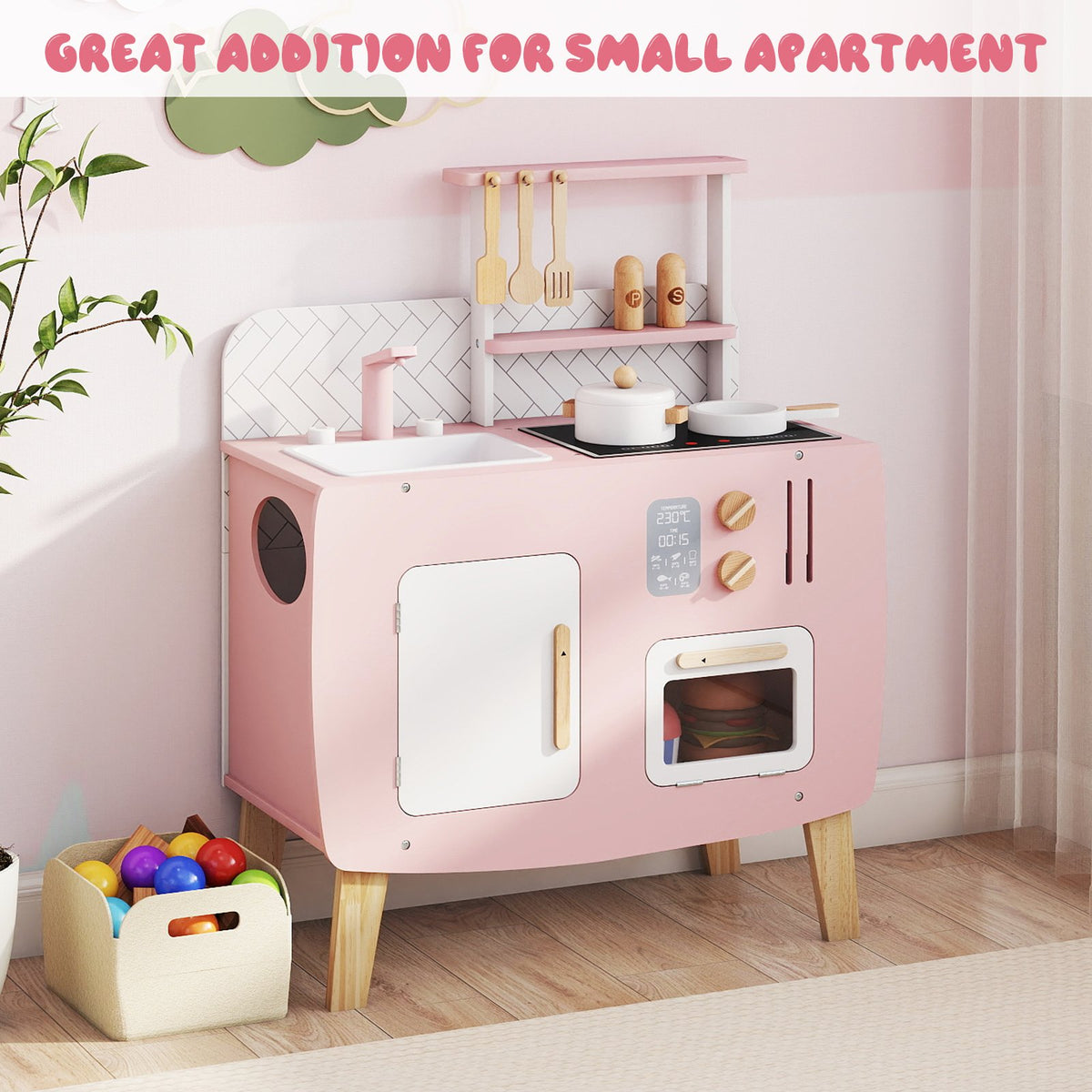 Play Kitchen for Kids Wooden Kitchen Playset with Stoves Sink Faucet and Oven view 3