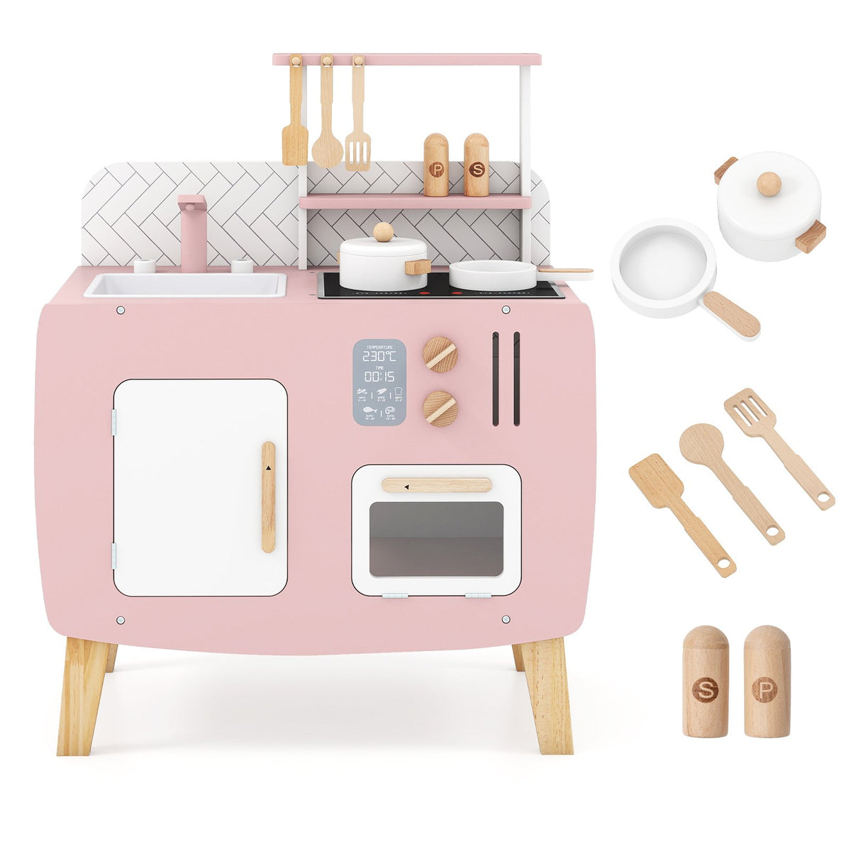 Play Kitchen for Kids Wooden Kitchen Playset with Stoves Sink Faucet and Oven view 4