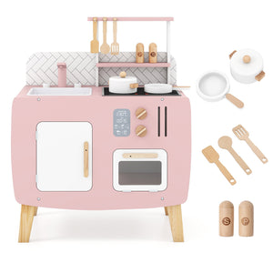 Play Kitchen for Kids Wooden Kitchen Playset with Stoves Sink Faucet and Oven view 4