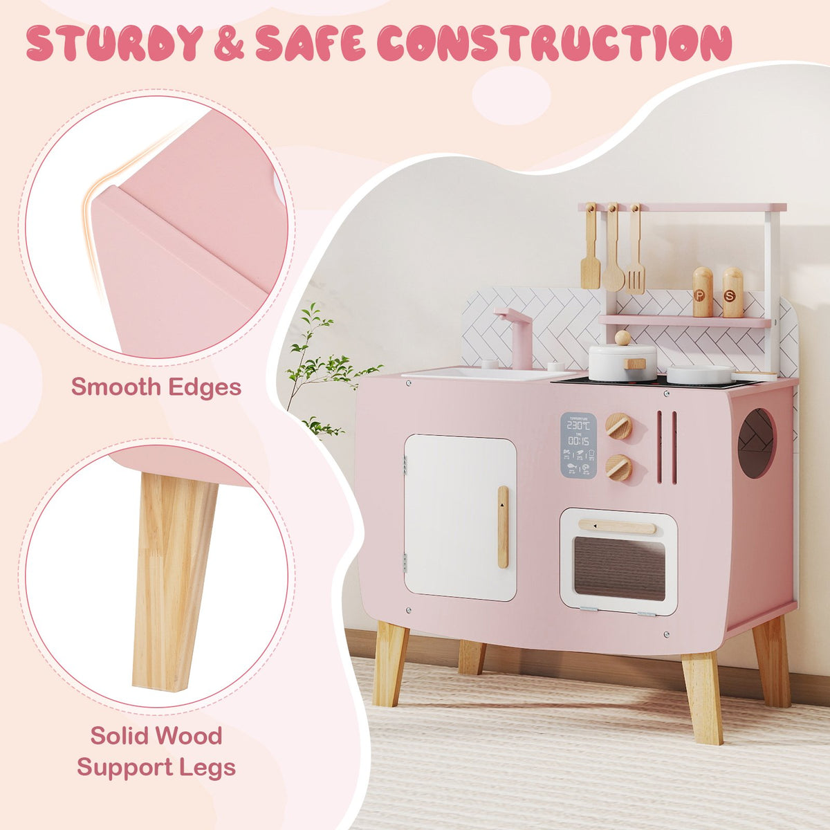 Play Kitchen for Kids Wooden Kitchen Playset with Stoves Sink Faucet and Oven view 6