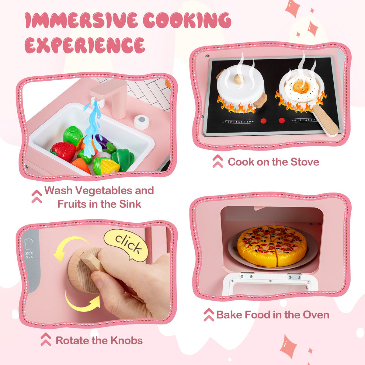 Play Kitchen for Kids Wooden Kitchen Playset with Stoves Sink Faucet and Oven view 7
