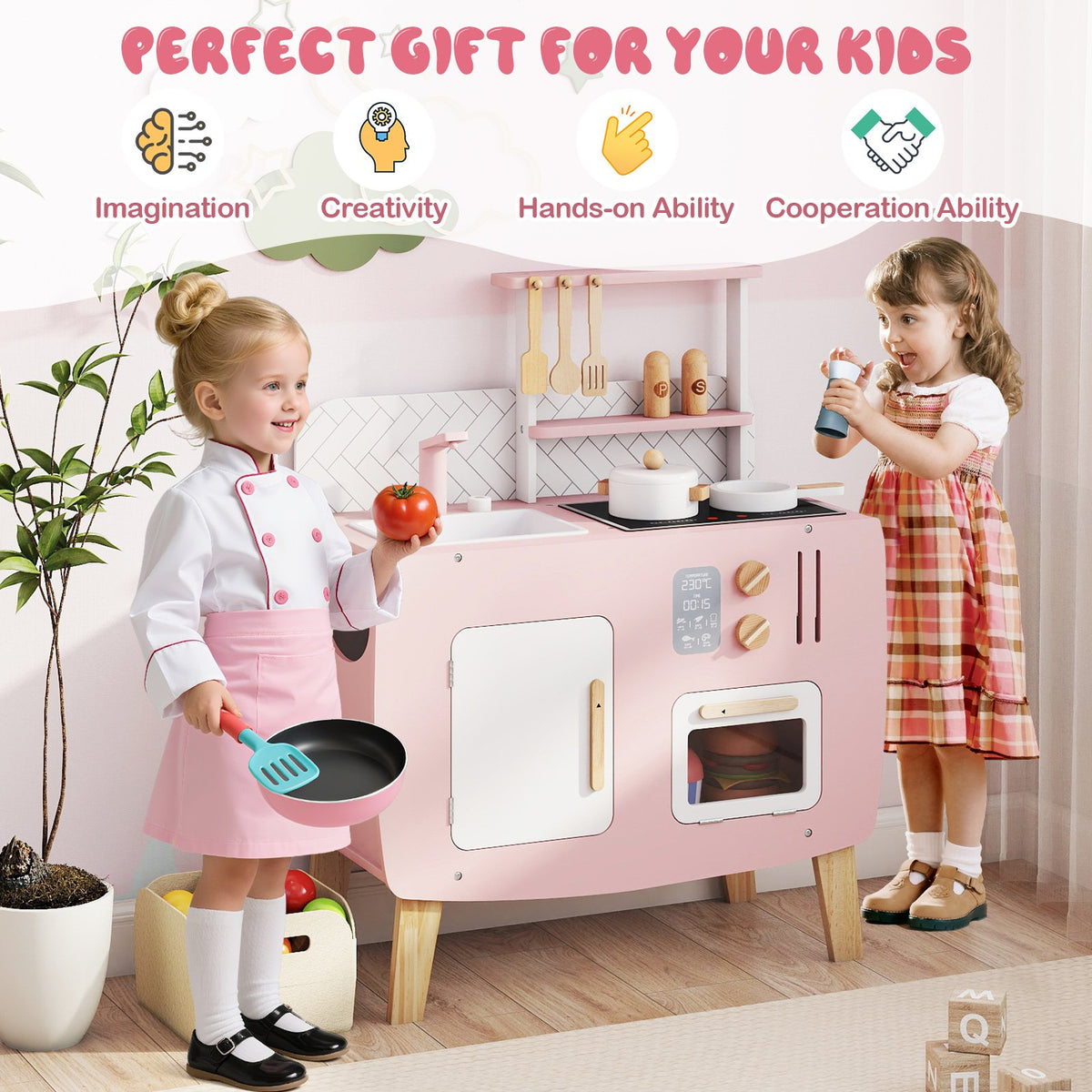 Play Kitchen for Kids Wooden Kitchen Playset with Stoves Sink Faucet and Oven view 9