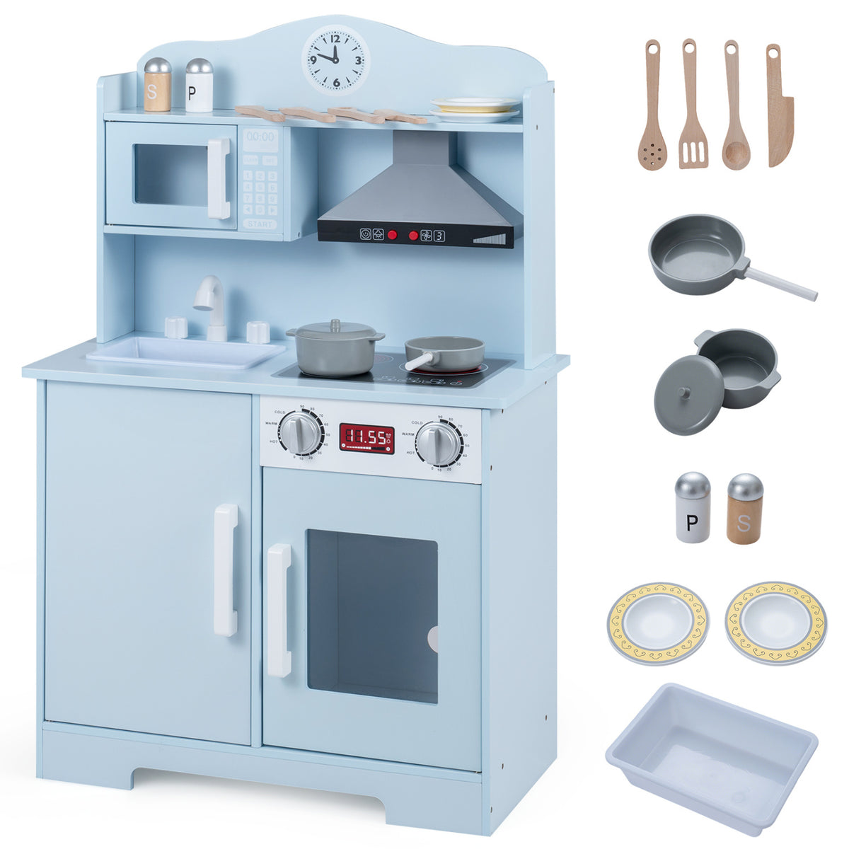 Play Kitchen for Kids Wooden Playset with Range Hood and Microwave-Blue view 3