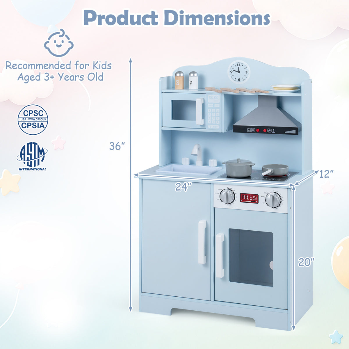 Play Kitchen for Kids Wooden Playset with Range Hood and Microwave-Blue view 4