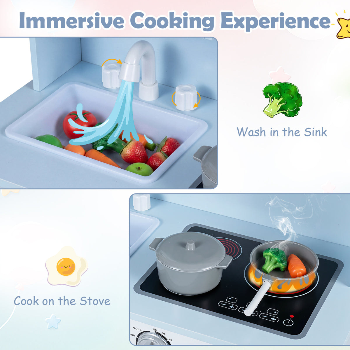 Play Kitchen for Kids Wooden Playset with Range Hood and Microwave-Blue view 6