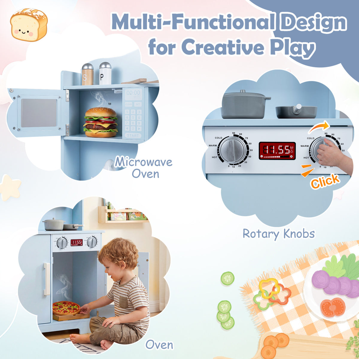 Play Kitchen for Kids Wooden Playset with Range Hood and Microwave-Blue view 7