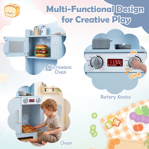 Play Kitchen for Kids Wooden Playset with Range Hood and Microwave-Blue view 7