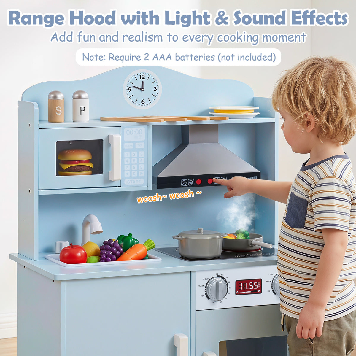 Play Kitchen for Kids Wooden Playset with Range Hood and Microwave-Blue view 8