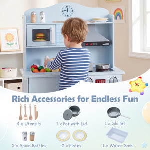 Play Kitchen for Kids Wooden Playset with Range Hood and Microwave-Blue view 9