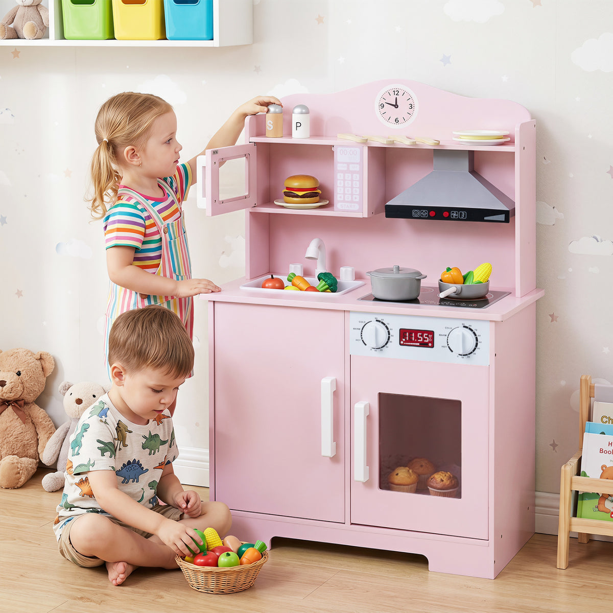 Play Kitchen for Kids Wooden Playset with Range Hood and Microwave-Pink view 2