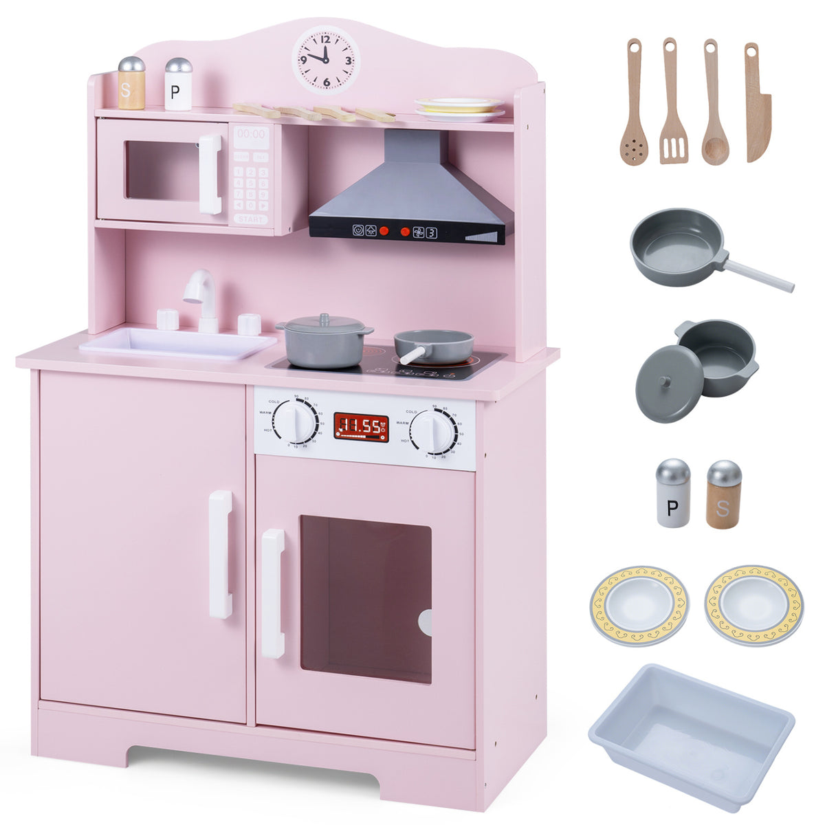 Play Kitchen for Kids Wooden Playset with Range Hood and Microwave-Pink view 3
