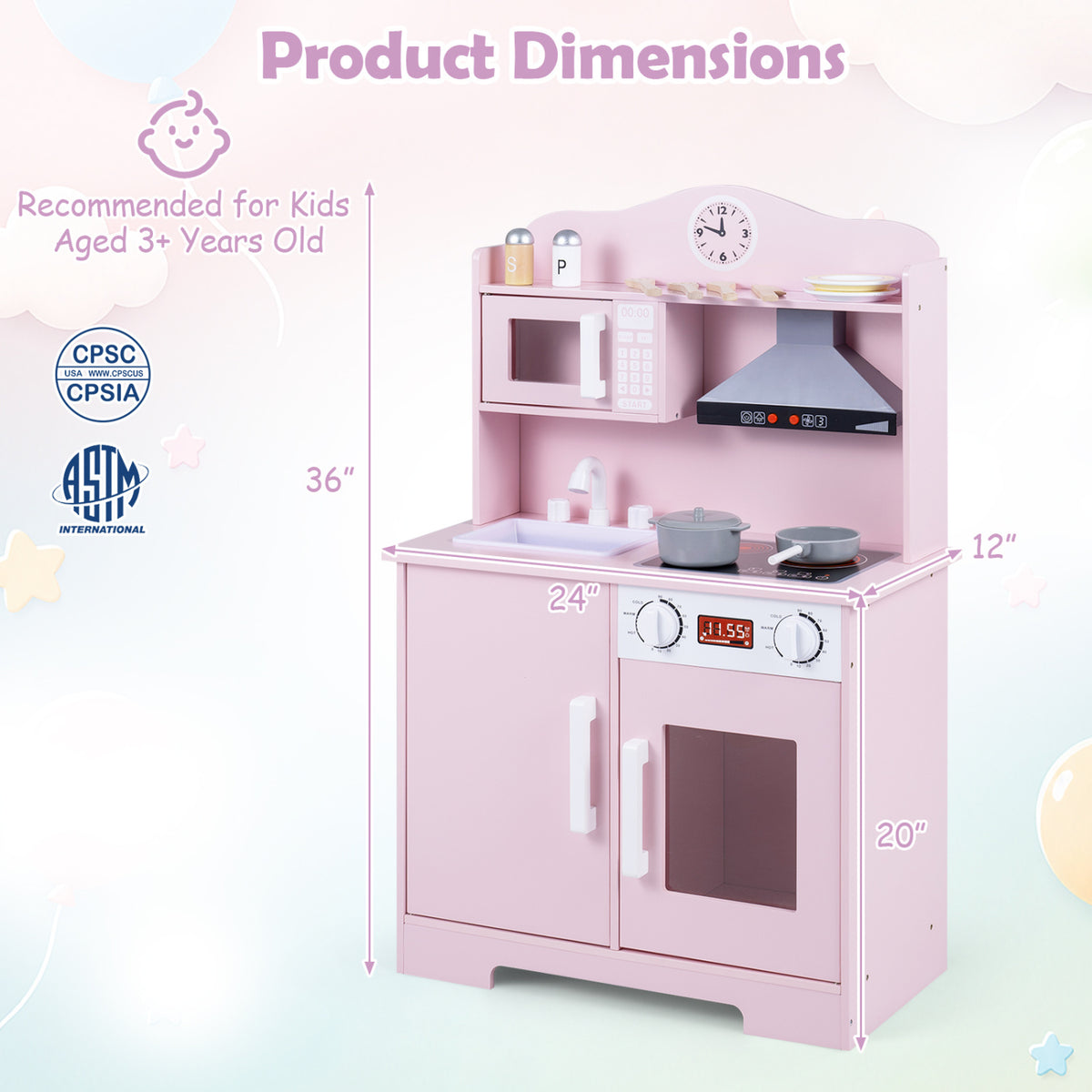 Play Kitchen for Kids Wooden Playset with Range Hood and Microwave-Pink view 4