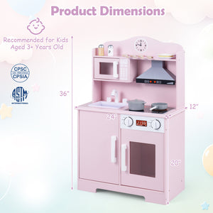 Play Kitchen for Kids Wooden Playset with Range Hood and Microwave-Pink view 4