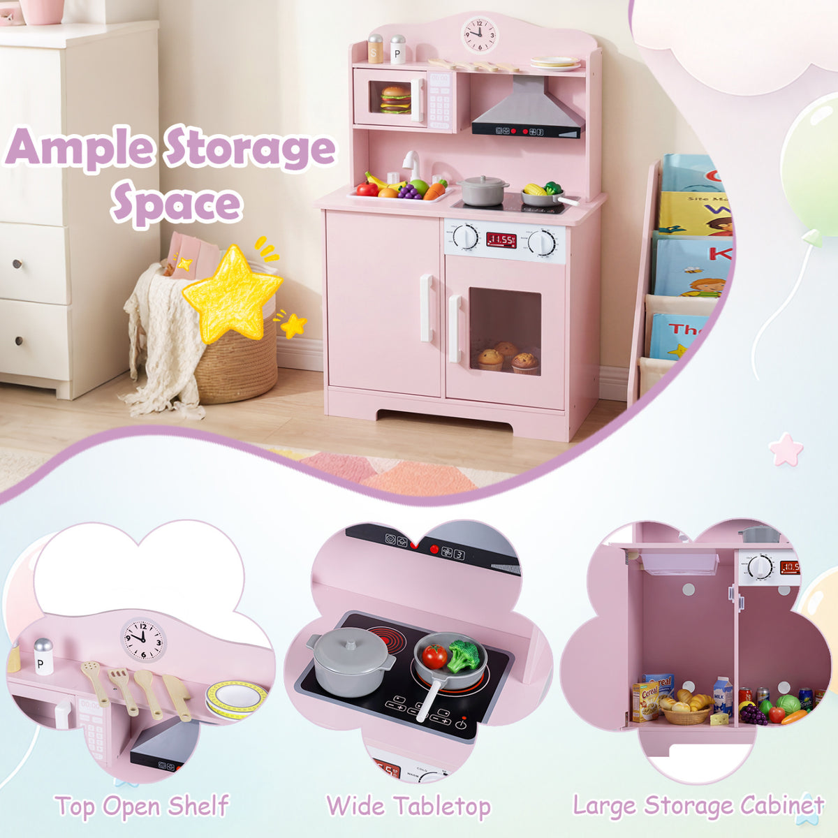 Play Kitchen for Kids Wooden Playset with Range Hood and Microwave-Pink view 5