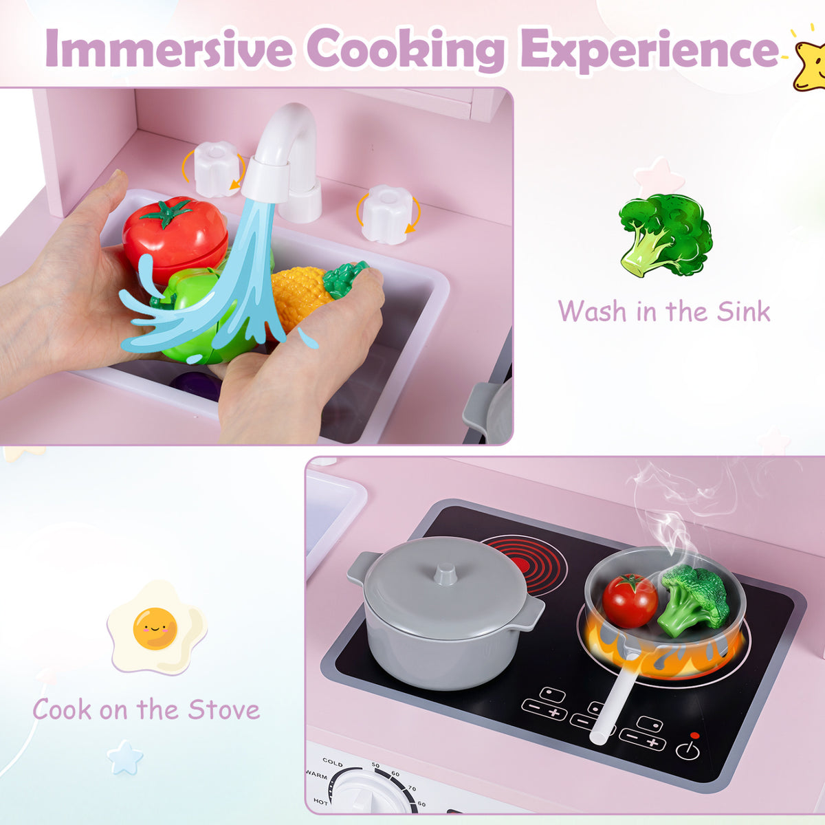 Play Kitchen for Kids Wooden Playset with Range Hood and Microwave-Pink view 6
