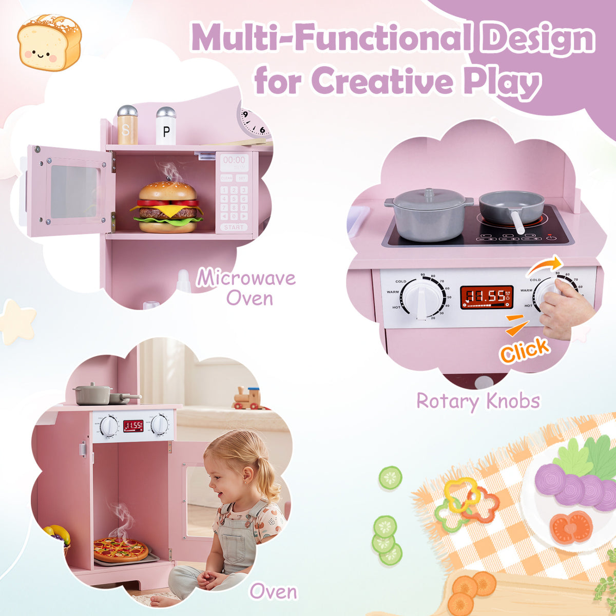 Play Kitchen for Kids Wooden Playset with Range Hood and Microwave-Pink view 7