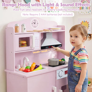 Play Kitchen for Kids Wooden Playset with Range Hood and Microwave-Pink view 8