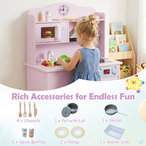 Play Kitchen for Kids Wooden Playset with Range Hood and Microwave-Pink view 9