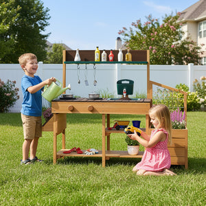 Play Kitchen for Kids Wooden Toy Kitchen Playset Pretend Mud Kitchen-Brown view 2