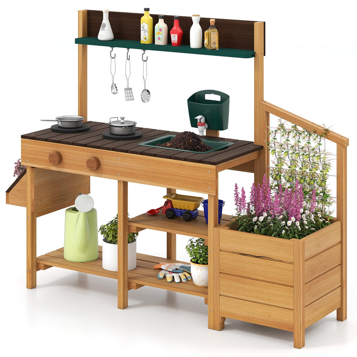 Play Kitchen for Kids Wooden Toy Kitchen Playset Pretend Mud Kitchen-Brown view 3