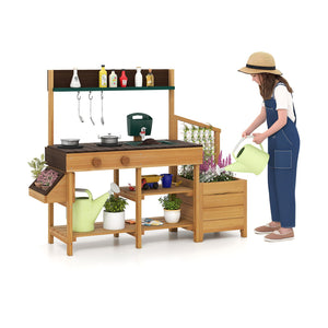 Play Kitchen for Kids Wooden Toy Kitchen Playset Pretend Mud Kitchen-Brown view 5
