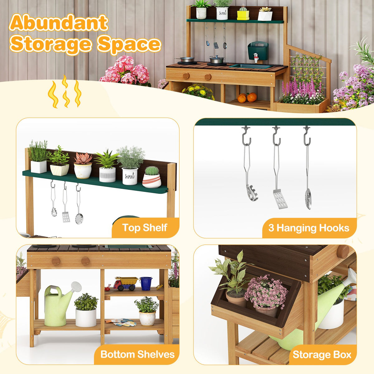 Play Kitchen for Kids Wooden Toy Kitchen Playset Pretend Mud Kitchen-Brown view 9