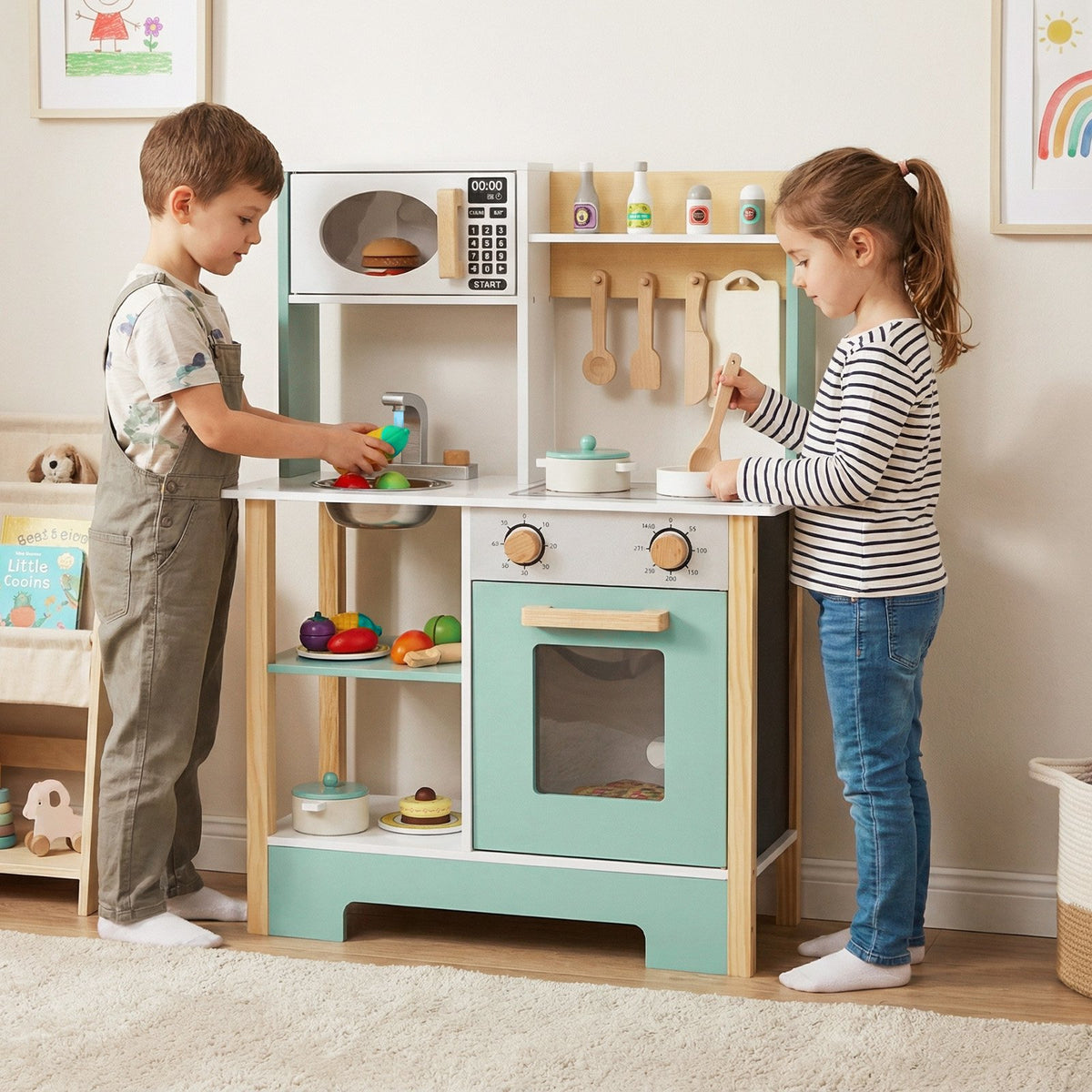 Play Kitchen Wooden Toy Kitchen Playset with Chalkboard Birthday Gift for Kids Aged 3 +-Green view 3