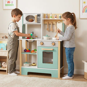 Play Kitchen Wooden Toy Kitchen Playset with Chalkboard Birthday Gift for Kids Aged 3 +-Green view 3