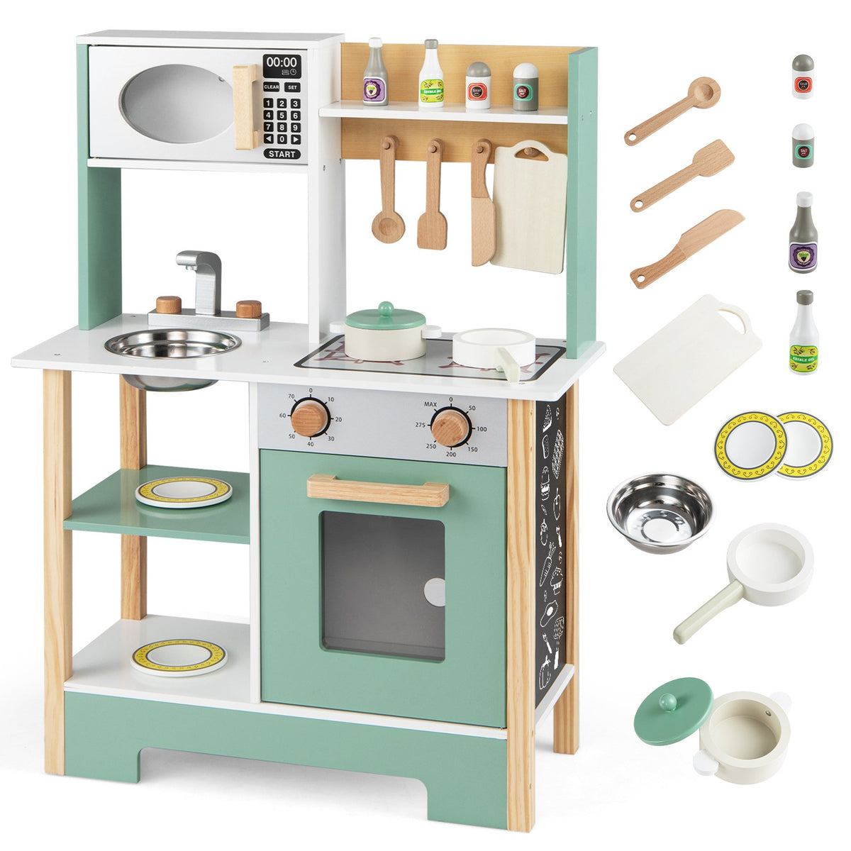 Play Kitchen Wooden Toy Kitchen Playset with Chalkboard Birthday Gift for Kids Aged 3 +-Green view 4