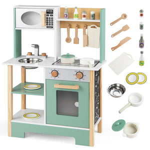 Play Kitchen Wooden Toy Kitchen Playset with Chalkboard Birthday Gift for Kids Aged 3 +-Green view 4